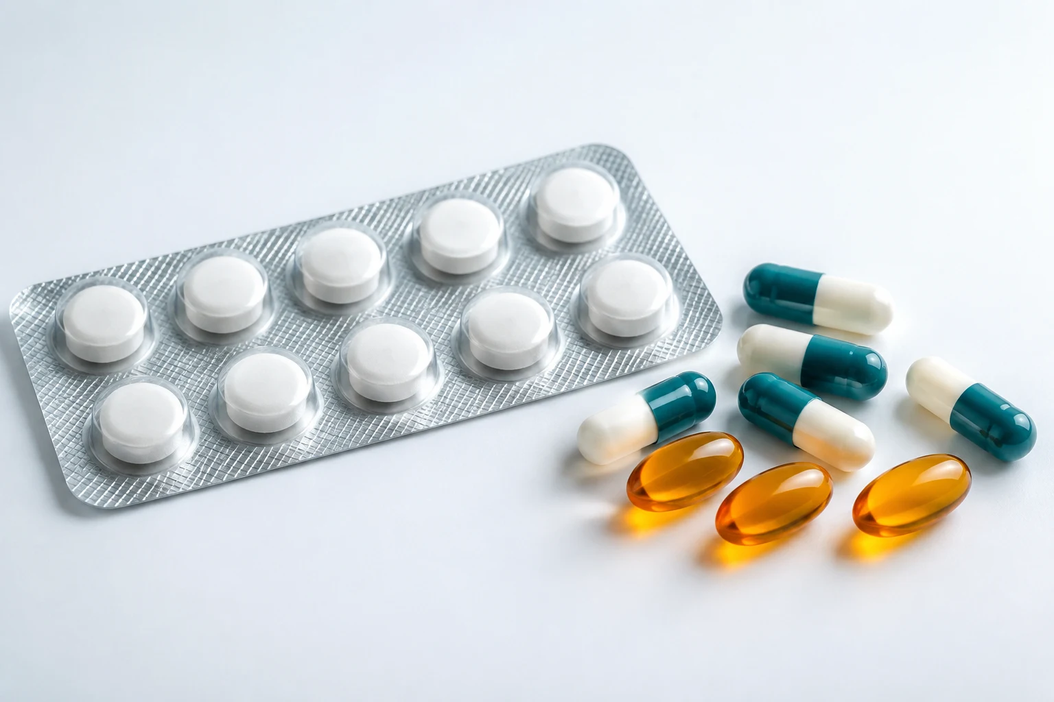 Illustrative photograph of tablet blister packaging, hard capsules and soft gelatin capsules
